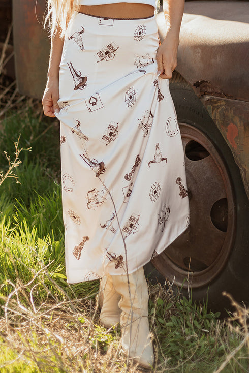 Western Desert Satin Long Skirt with Western Print
